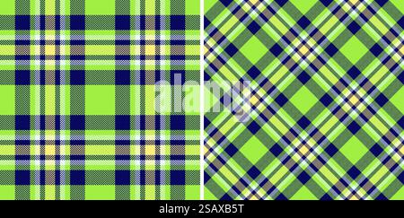 Controllo vettoriale senza cuciture del motivo dello sfondo del tessuto con una texture tartan a quadri in colori neon. Controllo vettoriale senza cuciture del motivo dello sfondo del tessuto con un tessuto a quadri con texture tartan. Illustrazione Vettoriale