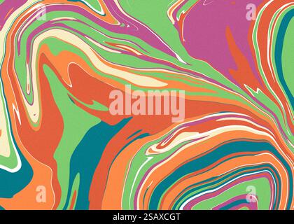 Trama vivace hippie anni '70. Sfondo con onde, turbolenza e volteggio. Intestazione distorta e distorta per siti Web o social media. Foto Stock