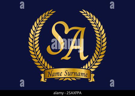 Lettera iniziale S e A, logo SA monogramma con corona in alloro. Emblema dorato di lusso con carattere calligrafico. Illustrazione Vettoriale