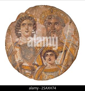 Famiglia di Settimio Severo tempura dipinto su pannello di legno intorno al 200 d.C. che mostra l'imperatore Settimio Severo (145-211 d.C.) con sua moglie Julia Domna e i figli Caracalla e Geta in stile ritrattistico imperiale romano, è l'unico dipinto sopravvissuto del periodo imperiale di Roma. Il volto di Geta fu probabilmente rimosso quando la sua memoria fu ufficialmente condannata (damnatio memoriae) credito: Staatliche Museen zu Berlin / Universal Art Archive Foto Stock