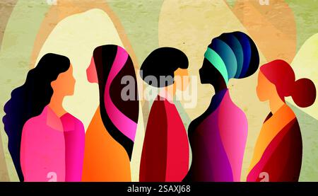 Silhouette di gruppo di donne multiculturali. Empowerment - uguaglianza - inclusione - diversità - o concetto di potere femminile. Giornata internazionale delle donne. Riduci testo Illustrazione Vettoriale