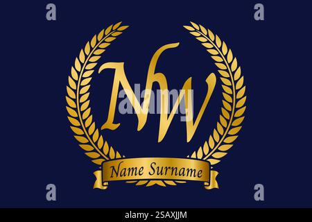 Lettera iniziale N e W, logo monogramma NW con corona in alloro. Emblema dorato di lusso con carattere calligrafico. Illustrazione Vettoriale