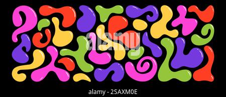 Set di coloratissimi lobi irregolari, forme di goccia organiche liquide casuali. Balze amorfe, macchie asimmetriche, elementi fluidi irregolari o semplici figure ameba. Forma di colore lucido astratto su sfondo nero Illustrazione Vettoriale