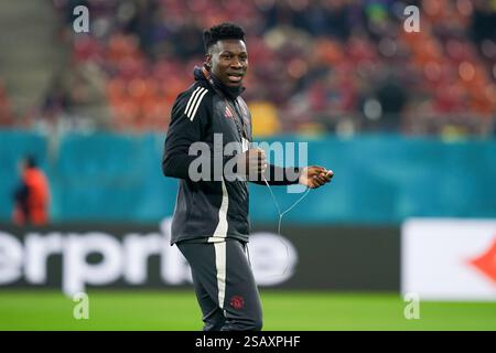 Bucarest, Romania. 30 gennaio 2025. Il portiere del Manchester United Andre Onana (24) durante la partita FCSB contro Manchester United FC UEFA Europa League al National Arena (Arena Națională) Stadium, Bucarest, Romania il 30 gennaio 2025 credito: Eleanor Hoad/Every Second Media Credit: Every Second Media/Alamy Live News Foto Stock