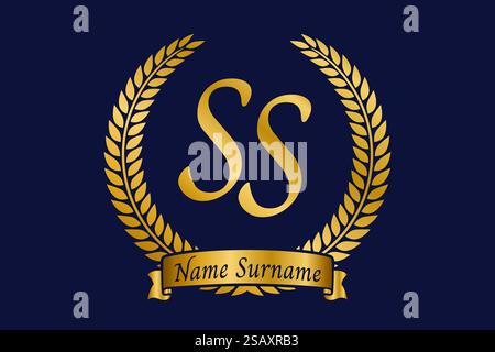 Lettere iniziali S e S, logo monogramma SS con corona in alloro. Emblema dorato di lusso con carattere calligrafico. Illustrazione Vettoriale