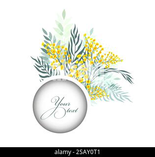 Telaio rotondo con mimosa. Ciao primavera disegnata a mano. Non ai, illustrazione vettoriale Illustrazione Vettoriale