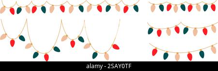 Luci di Natale impostate. Ghirlande sezionate con lampadine colorate. Decorazioni a corde natalizie brillanti con lampade retrò a sospensione per auto da vacanza Illustrazione Vettoriale