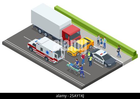 Incidente d'auto. Scena vettoriale isometrica di un incidente stradale che coinvolge un camion, un'auto, la polizia e un'ambulanza. I paramedici assistono una persona ferita durante la polizia Illustrazione Vettoriale