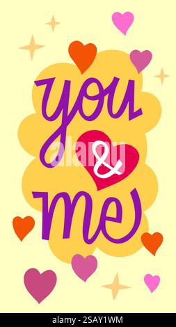 Modello di buon San Valentino con elementi scritti a mano, con cuori e accenti romantici in tonalità rosso e viola, ideale per inviti di nozze, Illustrazione Vettoriale