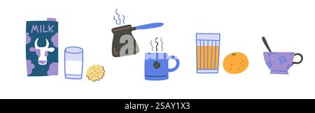Bevande per la colazione, caffè, succo d'arancia, latte e tè. Elementi di progettazione vettoriale disegnati a mano. Illustrazione Vettoriale