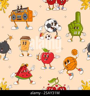 Cartoni animati personaggi allegri motivo senza cuciture. Hippie retrò è lo sfondo vettoriale di graziose tazze da caffè, sole, palle e bombe. Groov psichedelico Illustrazione Vettoriale