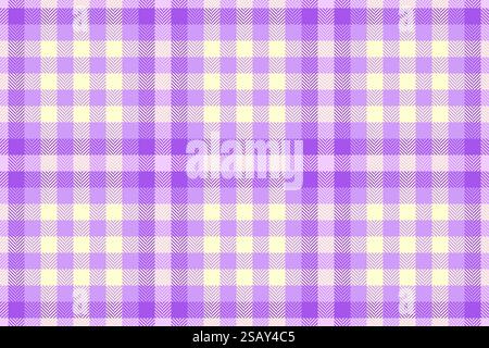 Controllare la consistenza senza cuciture dello sfondo in tessuto a quadri con un vettore tartan in tessuto fantasia nei colori viola e chiffon al limone. Illustrazione Vettoriale