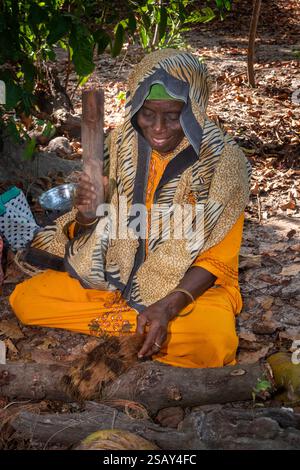 Africa Tanzania, Zanzibar, East Coast, Jambiani, tour culturale del villaggio, donna che batte la buccia di cocco martellata per liberare le fibre Foto Stock