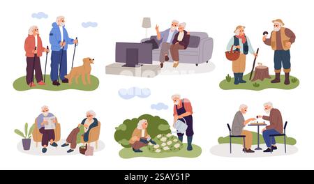 Coppie senior moderne. Gli anziani sono passatempi. Stile di vita attivo. Vecchi e donne camminano nel parco forestale. I nonni giocano a scacchi. Anziani che guardano la TV Illustrazione Vettoriale