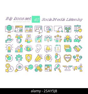 Set di icone a colori RGB per l'ascolto dei social media Illustrazione Vettoriale