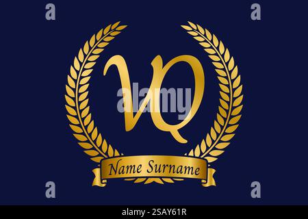 Lettera iniziale V e Q, logo monogramma VQ con corona in alloro. Emblema dorato di lusso con carattere calligrafico. Illustrazione Vettoriale