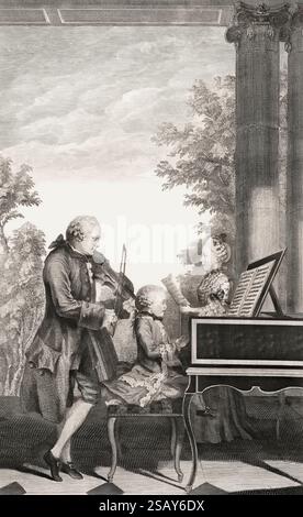 Leopold Mozart e i suoi figli Maria Anna "Nannerl" e Wolfgang Amadeus che danno un concerto a Parigi Foto Stock