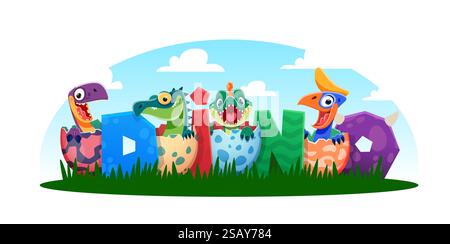 Cartoni animati simpatici bambini di dinosauro. Dinosauri neonati in carini personaggi vettoriali isolati con guscio d'uovo. Bambini e rettili dell'era giurassica preistorica Illustrazione Vettoriale