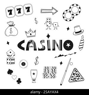 Un'illustrazione vettoriale a tema casinò che presenta scarabocchi per il gioco d'azzardo e il testo in grassetto "Casino" in bianco e nero. Giochi online e intrattenimento a tema Illustrazione Vettoriale