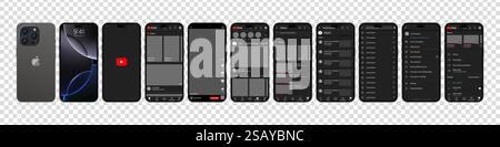 Design YouTube in iPhone 16 Pro. Imposta il modello di interfaccia dei social media e dei social network della schermata YouTube. Homepage, consigli, abbonamenti. Sì Illustrazione Vettoriale