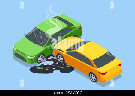 Incidente d'auto. Vettore isometrico di una collisione tra un'auto verde e gialla, con fumo che sale dall'auto verde. Vetri rotti e fuoriuscite di olio visibili su Illustrazione Vettoriale