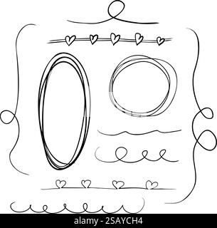 Set disegnato a mano di linee di tracciatura, cornici, elementi, cerchi, ovali, cuori e altre forme. Illustrazione vettoriale. Disegno lineare in colore monocromatico Illustrazione Vettoriale