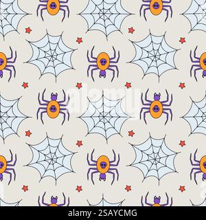 Motivo senza cuciture con ragni di Halloween e ragnatela disegnati a mano Illustrazione Vettoriale