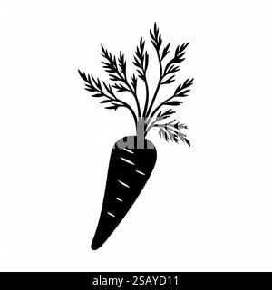 Icona a forma di carota con silhouette nera su sfondo bianco. Carota con gambi, top e foglie che disegnano in stile doodle Illustrazione Vettoriale
