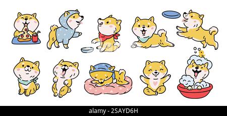 Shiba Inu. Animaletto. Carino cane kawaii. Razza giapponese. Pose e azioni del cucciolo. Emozioni felici. Animali che dormono o mangiano pizza. Akita Ken che gioca Illustrazione Vettoriale
