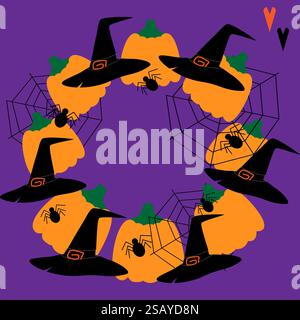 Copricapi, zucche, ragni e cornice circolare in rete su sfondo viola Copia modello spazio. Illustrazione vettoriale biglietti di auguri o inviti di Halloween, poster, tag o banner promozionale Web, opuscolo Illustrazione Vettoriale