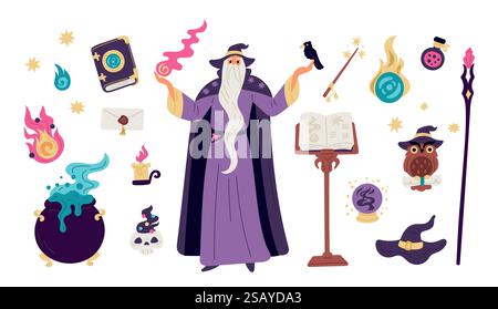Personaggio mago dei cartoni animati con strumenti magici. Il mago tiene il personale. Raven familiare. Warlock canta incantesimo. Sfera di cristallo per divinazione. Merlino sta facendo Illustrazione Vettoriale