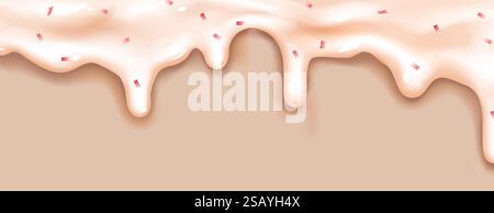 Le caramelle si gocciolano con una cremosa texture beige e spruzzi rosa sulla parte superiore. Glassa dolce che si scioglie formando onde con curve lisce e superficie lucida. Elementi decorativi a bordi ondulati per il design dolciario. Illustrazione Vettoriale