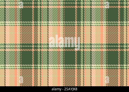 Controllo della consistenza del tartan del letto e sfondo vettoriale senza cuciture. Tessuto a quadri in tessuto con motivo peloso in una tavolozza di colori verde e arancione. Illustrazione Vettoriale