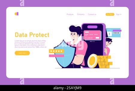 Concetto di protezione dei dati. Caratteri che proteggono i dati digitali con uno scudo, simbolo della sicurezza informatica. Illustrazione vettoriale. Illustrazione Vettoriale