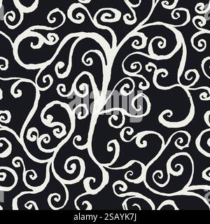 Disegno a mano astratto monocromatico bianco e nero con motivi botanici senza cuciture con bordi ruvidi Illustrazione Vettoriale