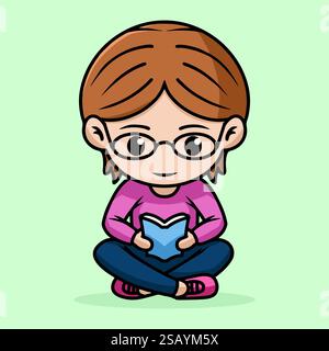 Bookworm chibi personaggio della mascotte che legge un libro, seduto a gambe incrociate Illustrazione Vettoriale