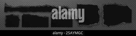 Set di forme nere tagliate in carta con bordi strappati ruvidi, bordi irregolari irregolari irregolari, frammenti di diverse dimensioni e strisce strappate su sfondo trasparente. Elementi in difficoltà per lo scrapbooking. Illustrazione Vettoriale