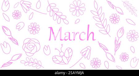 Illustrazione di marzo con elementi floreali e motivi decorativi disegnati a mano Illustrazione Vettoriale