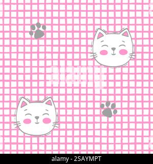 Disegno vettoriale a mano senza cuciture. Le facce bianche del gatto e la zampa del gatto sono stampate su sfondo a griglia rosa Illustrazione Vettoriale