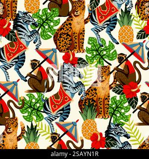 Motivo senza cuciture con zebre, leopardi, scimmie e alberi della giungla. Vettore. Illustrazione Vettoriale