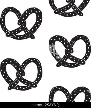Modello vettoriale senza giunzioni di pretzel nero disegnato a mano su sfondo bianco Illustrazione Vettoriale
