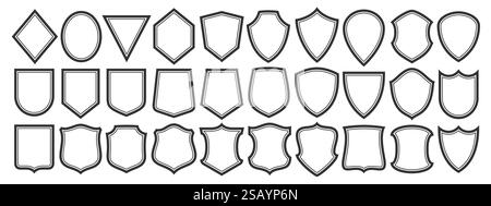 Set di icone Vector Shield, raccolta lotto di 30 illustrazioni ritagliate vari modelli di scudo vecchi per insegne o certificati retrò, gruppo di diversi Illustrazione Vettoriale