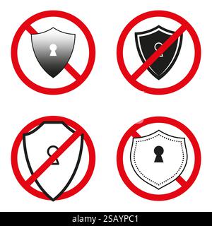 Icone di divieto scudo. Cartelli di avvertenza per buco della serratura. Simboli circolari rossi. Elementi vettoriali di sicurezza. Illustrazione Vettoriale