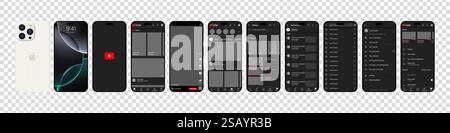Design YouTube in iPhone 16 Pro. Imposta il modello di interfaccia dei social media e dei social network della schermata YouTube. Homepage, consigli, abbonamenti. Sì Illustrazione Vettoriale