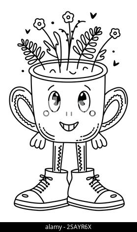 Personaggio della tazza di caffè, stravagante vaso con piante, scarabocchio vettoriale con linea nera, cartoni animati divertenti e alla moda di un piccolo uomo con scarpe grandi, tratto modificabile Illustrazione Vettoriale