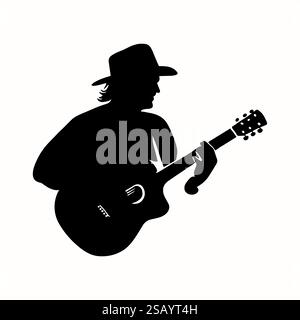 Silhouette musicista suona la chitarra. Illustrazione vettoriale in bianco e nero Illustrazione Vettoriale