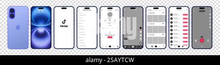 Design Tik Tok in iPhone 16. Impostare il modello di interfaccia dei social media e dei social network della schermata Tik Tok. Homepage, consigli, abbonamenti. Tik Tok Illustrazione Vettoriale