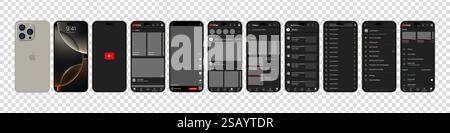 Design YouTube in iPhone 16 Pro. Imposta il modello di interfaccia dei social media e dei social network della schermata YouTube. Homepage, consigli, abbonamenti. Sì Illustrazione Vettoriale