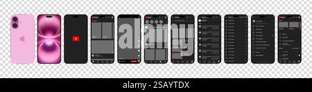 Design YouTube su iPhone 16. Imposta il modello di interfaccia dei social media e dei social network della schermata YouTube. Homepage, consigli, abbonamenti. YouTube Illustrazione Vettoriale
