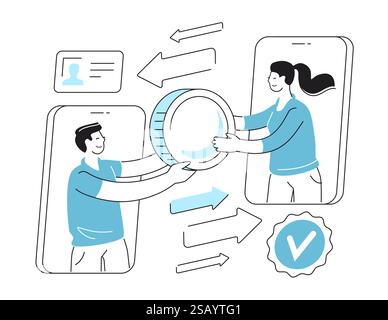 Concetto di invio e ricezione del pagamento. Trasferimenti di denaro online. Scambio di finanze Illustrazione Vettoriale